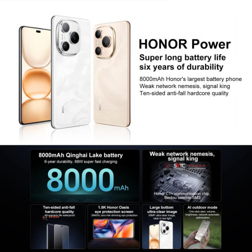 Honor Power, 12 Go + 256 Go, écran 6,78 pouces, MagicOS 9.0, Snapdragon 7 Gen 3 Octa Core, réseau : 5G, NFC, OTG (or) SH906J1256-010